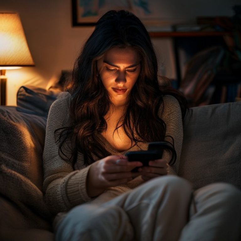 Mulher no sofá rolando o feed do celular