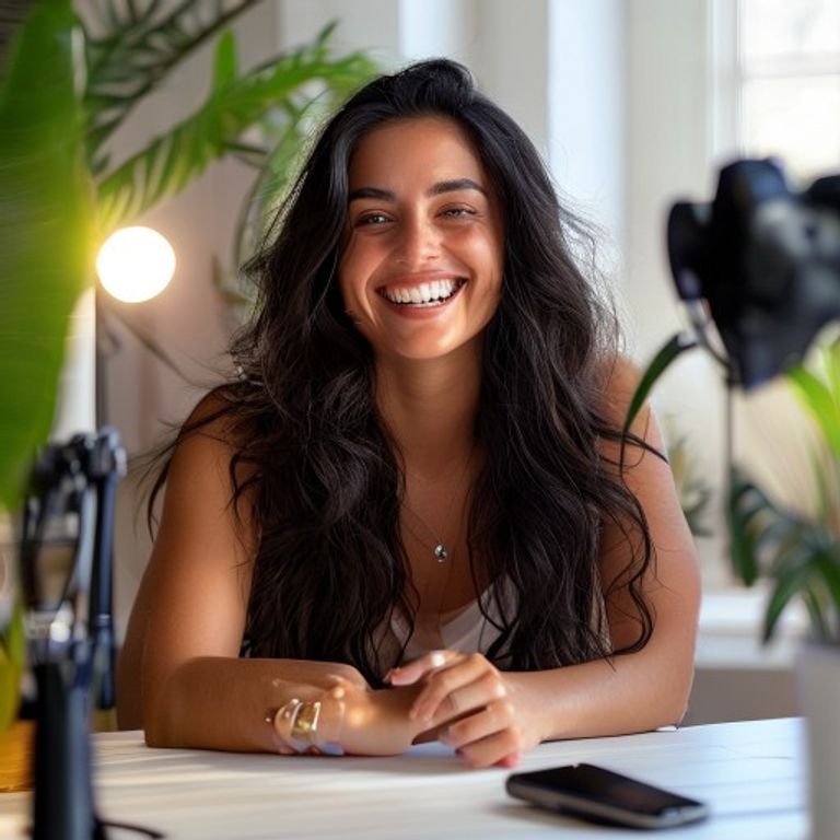 Mulher sorrindo gravando conteúdo em casa